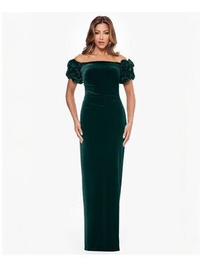 XSCAPE Emerald Green Off-The-Shoulder Ruffled Velvet Gown Women Size 10P